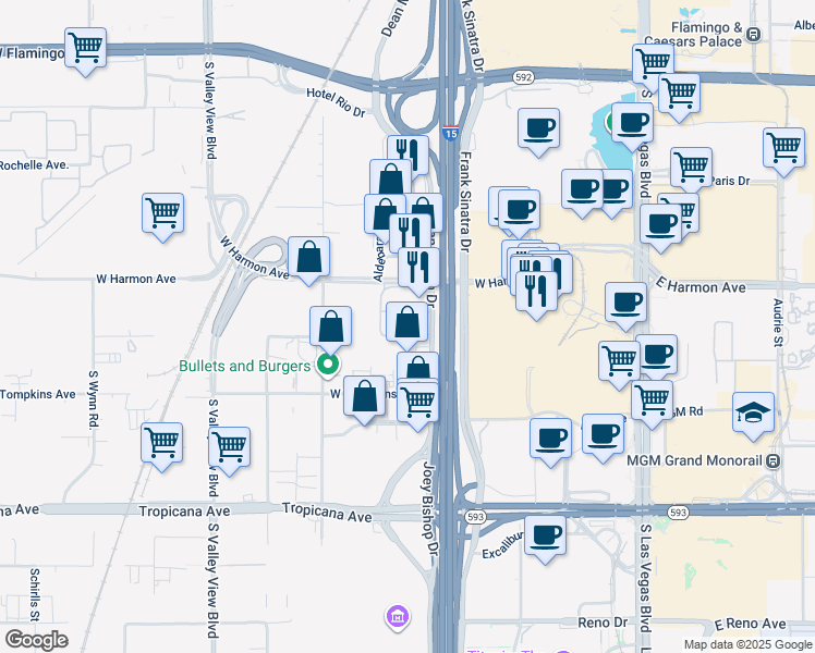 map of restaurants, bars, coffee shops, grocery stores, and more near 4575 Dean Martin Drive in Las Vegas