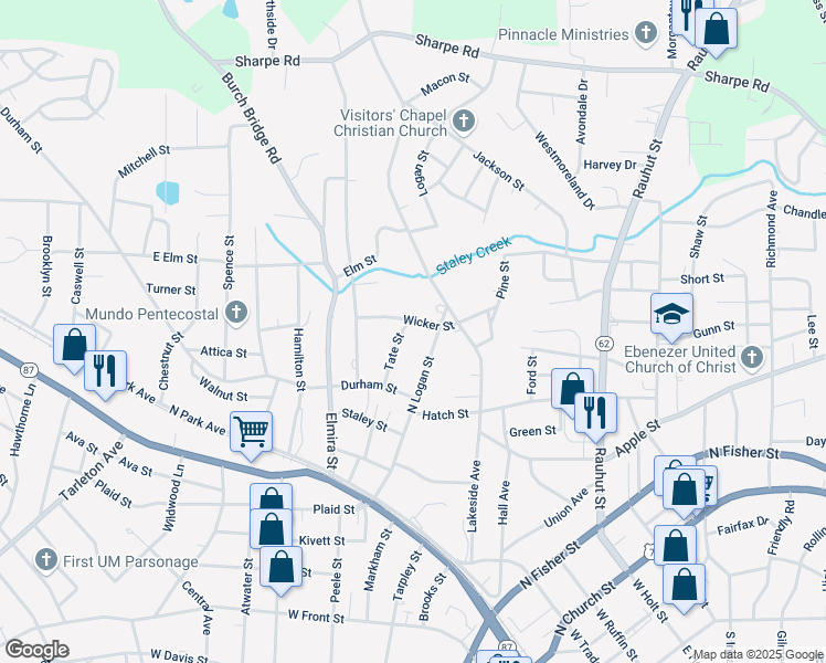 map of restaurants, bars, coffee shops, grocery stores, and more near 433 Tate Street in Burlington