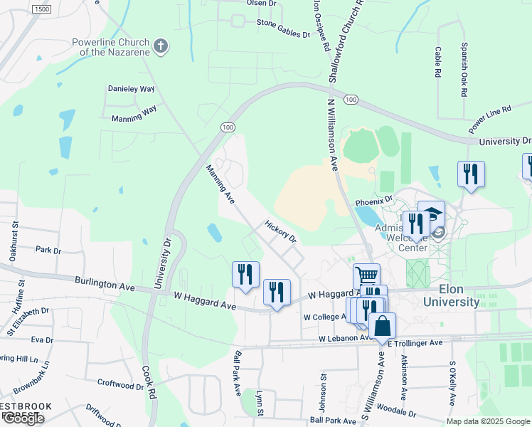 map of restaurants, bars, coffee shops, grocery stores, and more near 10 Laurel Oak in Elon