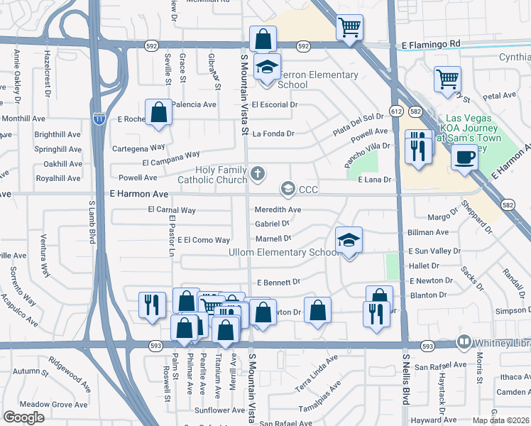 map of restaurants, bars, coffee shops, grocery stores, and more near 4647 Meredith Avenue in Las Vegas