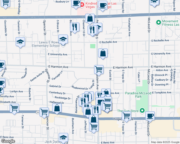 map of restaurants, bars, coffee shops, grocery stores, and more near 2325 East Harmon Avenue in Las Vegas