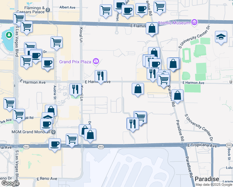 map of restaurants, bars, coffee shops, grocery stores, and more near 303 East Harmon Avenue in Las Vegas