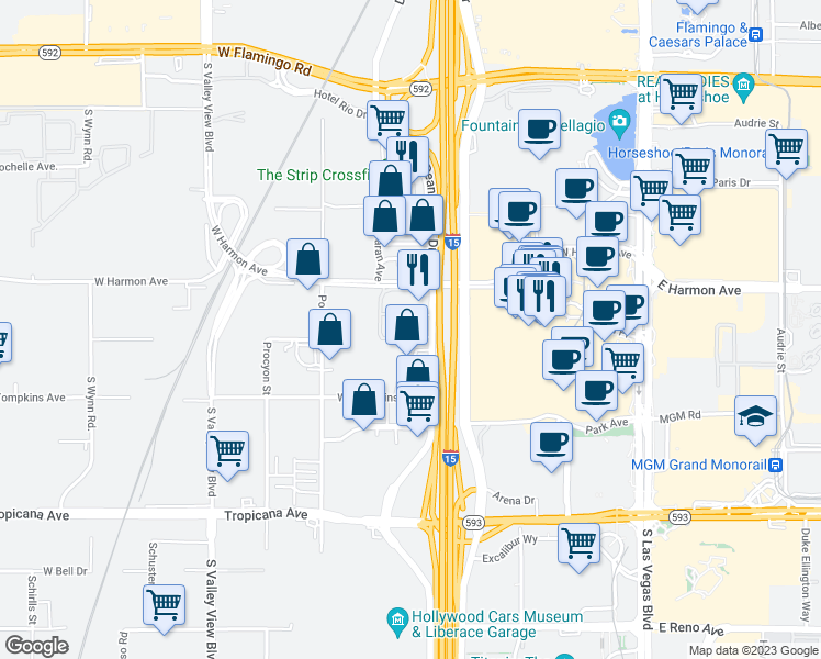 map of restaurants, bars, coffee shops, grocery stores, and more near 4575 Dean Martin Drive in Las Vegas