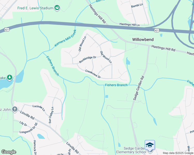 map of restaurants, bars, coffee shops, grocery stores, and more near 300 Creekview Drive in Kernersville
