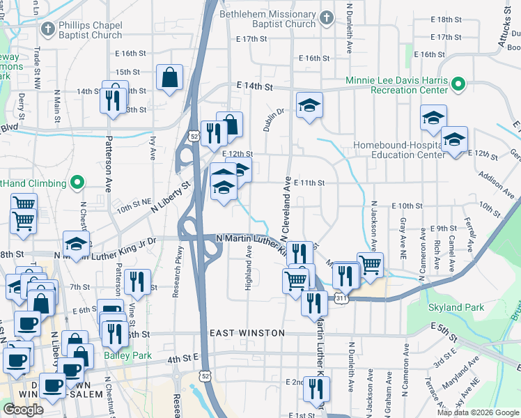 map of restaurants, bars, coffee shops, grocery stores, and more near 930 North Cleveland Avenue in Winston-Salem