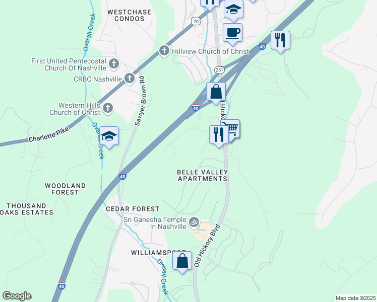 map of restaurants, bars, coffee shops, grocery stores, and more near 615 Old Hickory Boulevard in Nashville