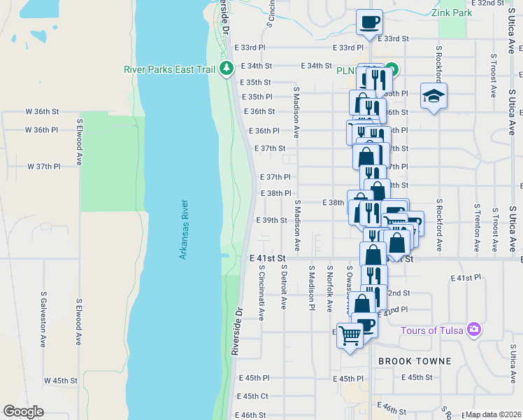 map of restaurants, bars, coffee shops, grocery stores, and more near 3843 South Cincinnati Avenue in Tulsa