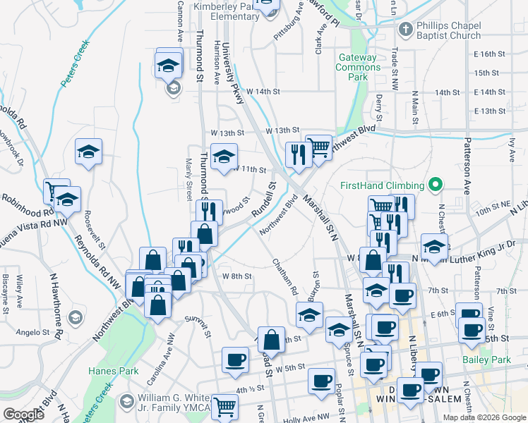 map of restaurants, bars, coffee shops, grocery stores, and more near 1012 Rundell Street in Winston-Salem