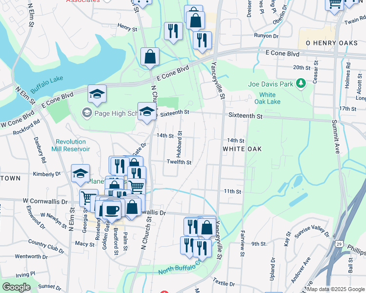 map of restaurants, bars, coffee shops, grocery stores, and more near 2411 Cypress Street in Greensboro