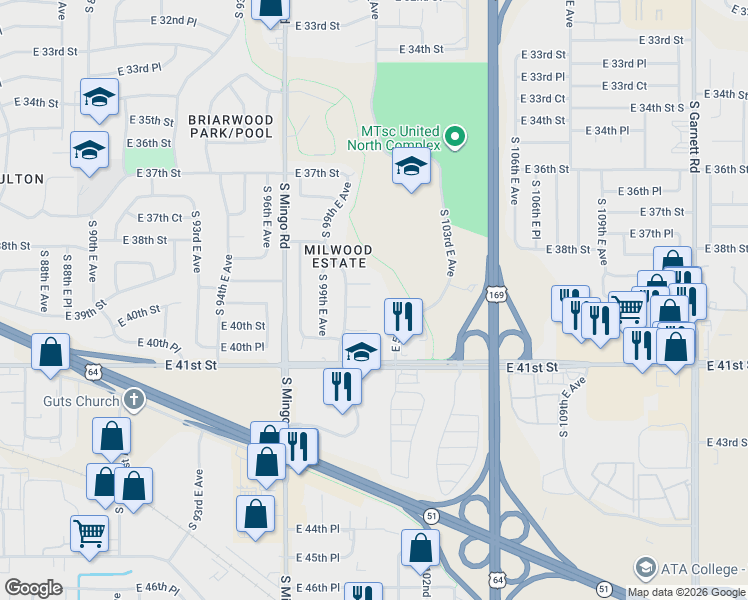 map of restaurants, bars, coffee shops, grocery stores, and more near 10019 East 39th Place in Tulsa