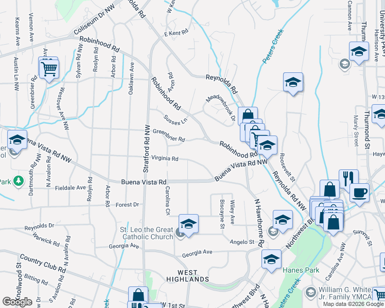 map of restaurants, bars, coffee shops, grocery stores, and more near 1857 Virginia Rd in Winston-Salem
