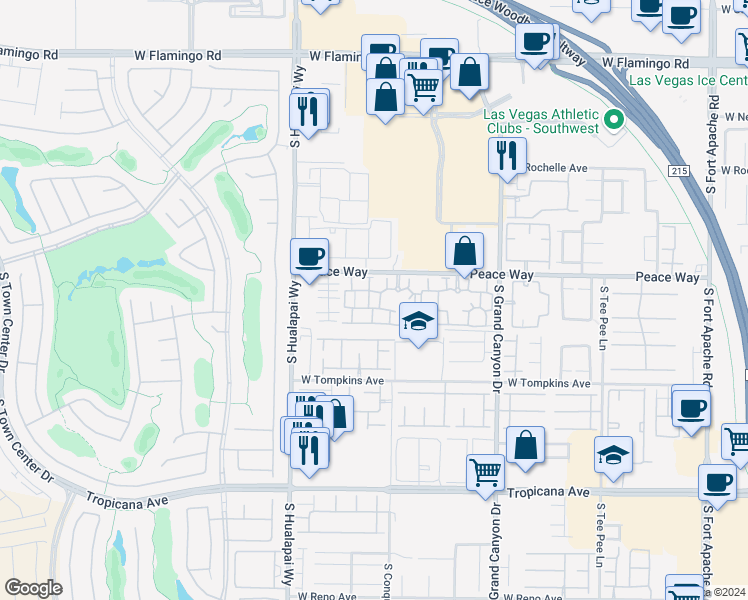 map of restaurants, bars, coffee shops, grocery stores, and more near 10001 Peace Way in Las Vegas
