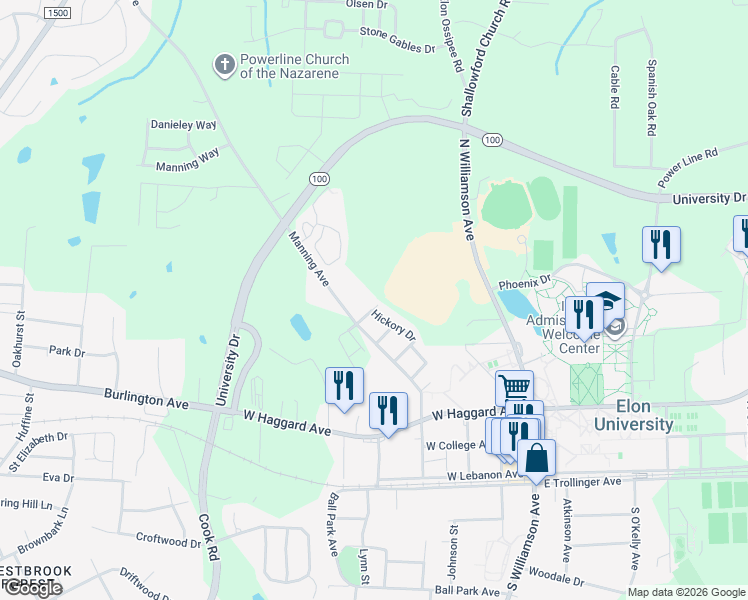 map of restaurants, bars, coffee shops, grocery stores, and more near 10 Laurel Oak in Elon