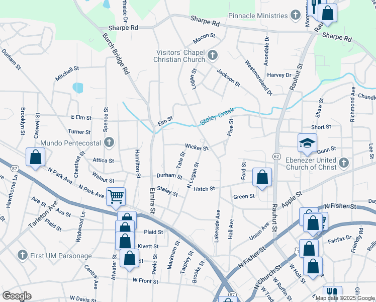 map of restaurants, bars, coffee shops, grocery stores, and more near 433 Tate Street in Burlington