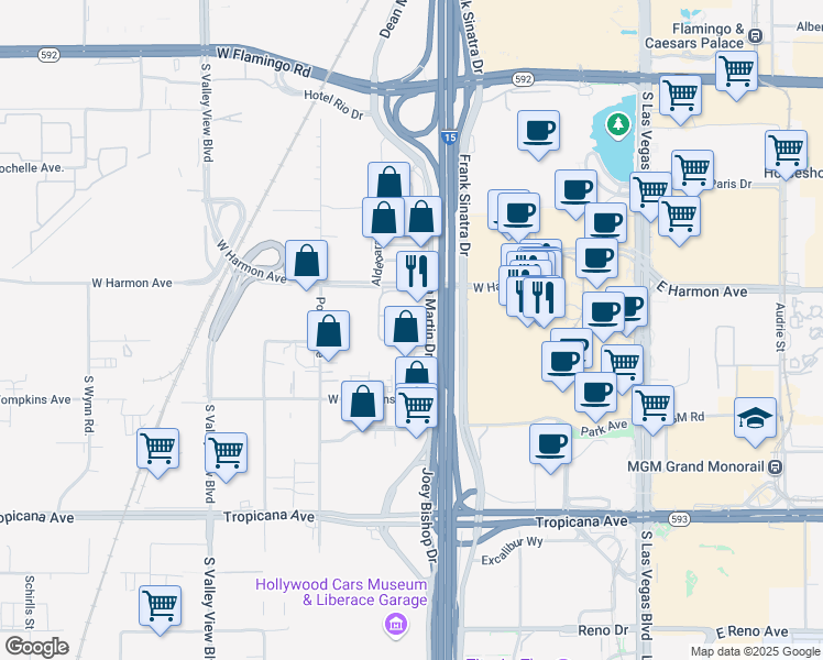 map of restaurants, bars, coffee shops, grocery stores, and more near 4575 Dean Martin Drive in Las Vegas