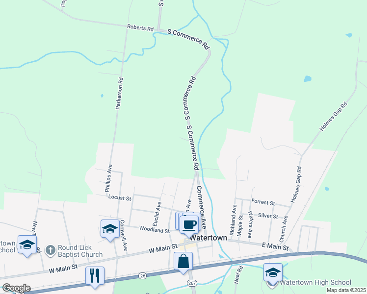 map of restaurants, bars, coffee shops, grocery stores, and more near 170 South Commerce Road in Watertown