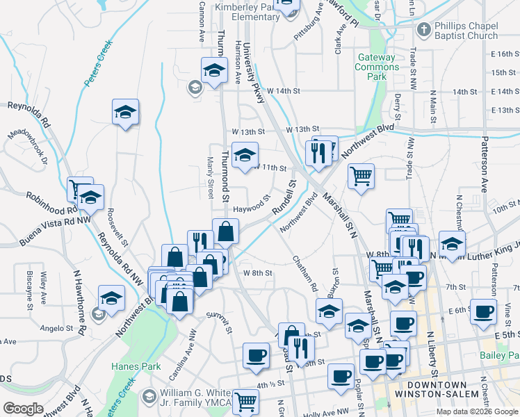 map of restaurants, bars, coffee shops, grocery stores, and more near 841 Haywood Street in Winston-Salem