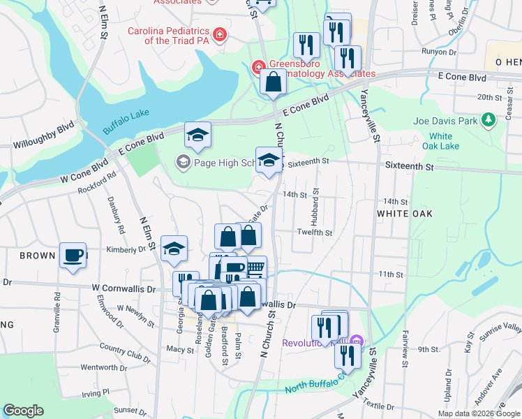 map of restaurants, bars, coffee shops, grocery stores, and more near 2501 Golden Gate Drive in Greensboro