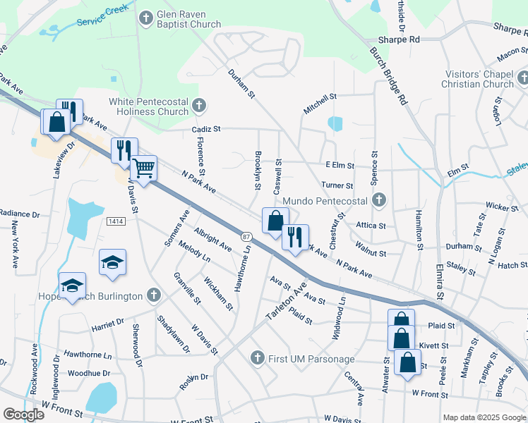 map of restaurants, bars, coffee shops, grocery stores, and more near 1413 North Park Avenue in Burlington