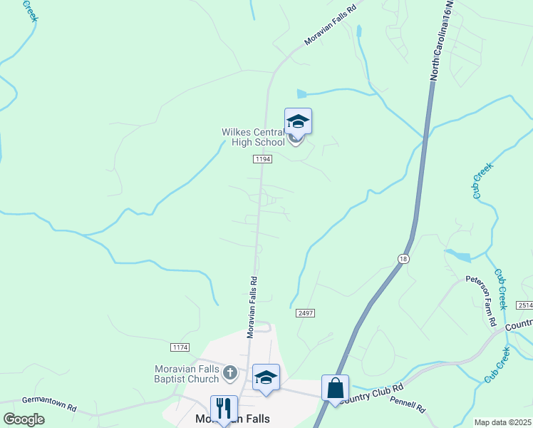 map of restaurants, bars, coffee shops, grocery stores, and more near 1399 Moravian Falls Road in Wilkesboro
