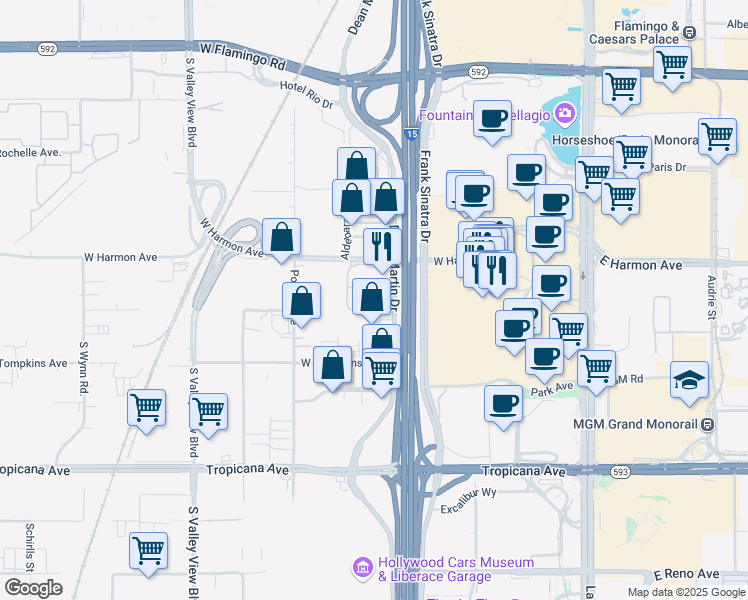 map of restaurants, bars, coffee shops, grocery stores, and more near 4575 Dean Martin Drive in Las Vegas