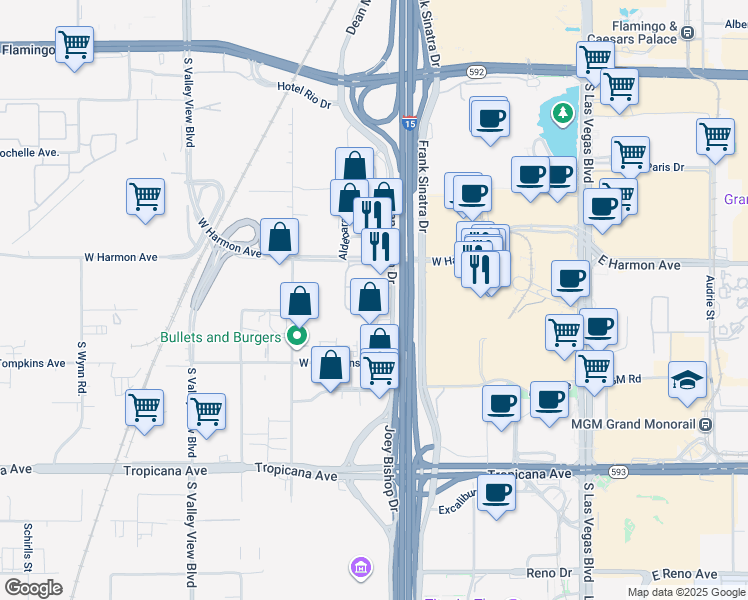 map of restaurants, bars, coffee shops, grocery stores, and more near 4575 Dean Martin Drive in Las Vegas