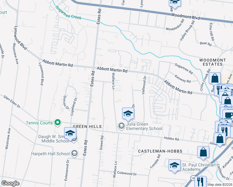 map of restaurants, bars, coffee shops, grocery stores, and more near 4002 Wallace Lane in Nashville