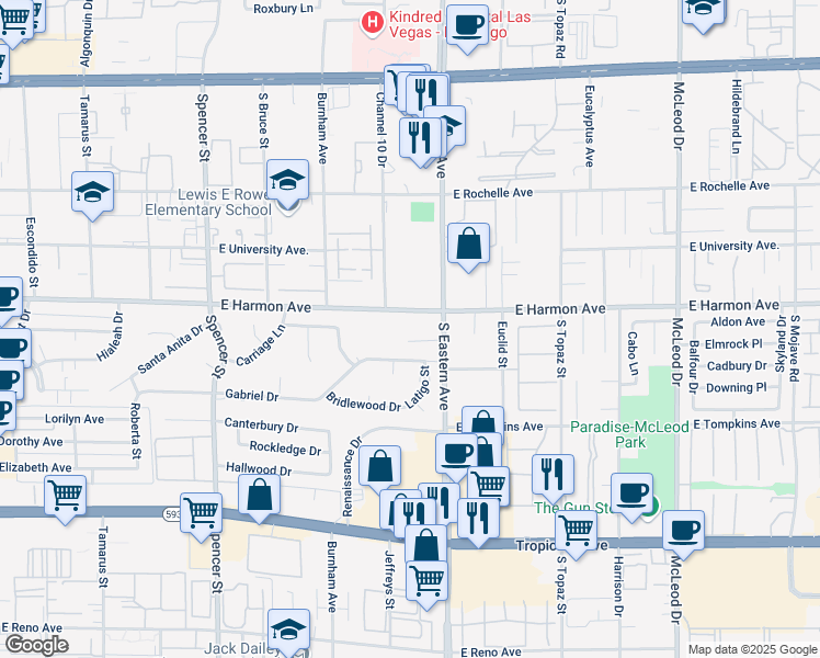map of restaurants, bars, coffee shops, grocery stores, and more near 2325 East Harmon Avenue in Las Vegas