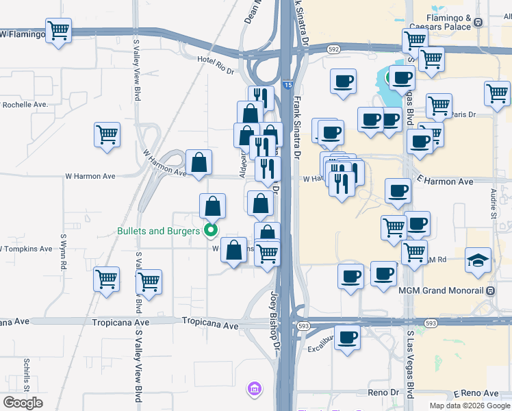 map of restaurants, bars, coffee shops, grocery stores, and more near 4575 Dean Martin Drive in Las Vegas