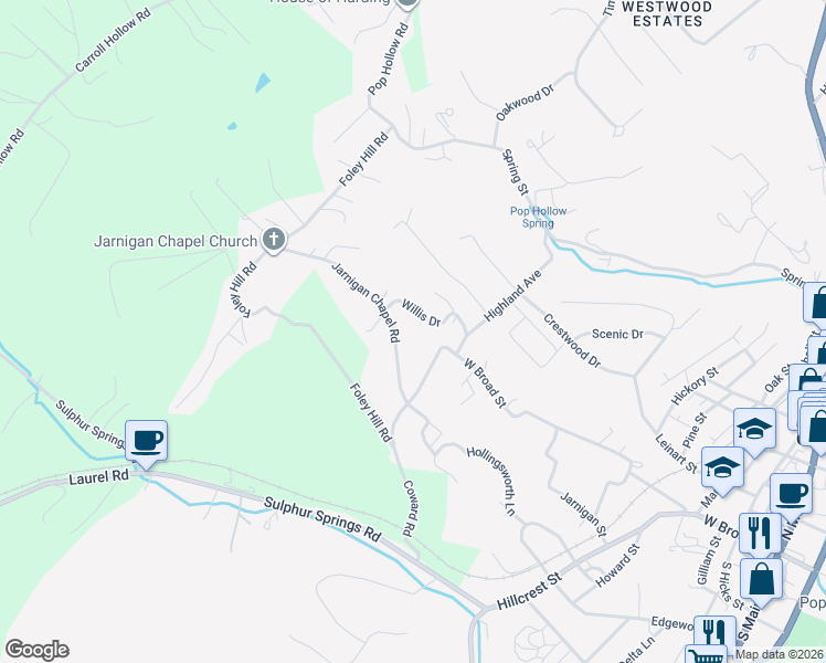 map of restaurants, bars, coffee shops, grocery stores, and more near 124 Jarnigan Chapel Road in Clinton