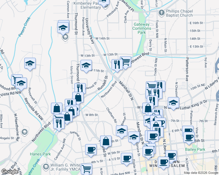 map of restaurants, bars, coffee shops, grocery stores, and more near 643 West Northwest Boulevard in Winston-Salem