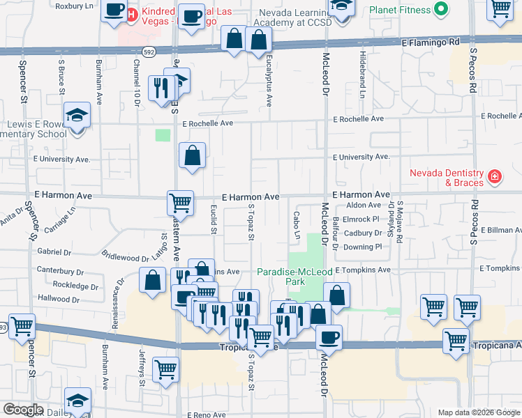 map of restaurants, bars, coffee shops, grocery stores, and more near 4529 Paseo Del Ray Drive in Las Vegas