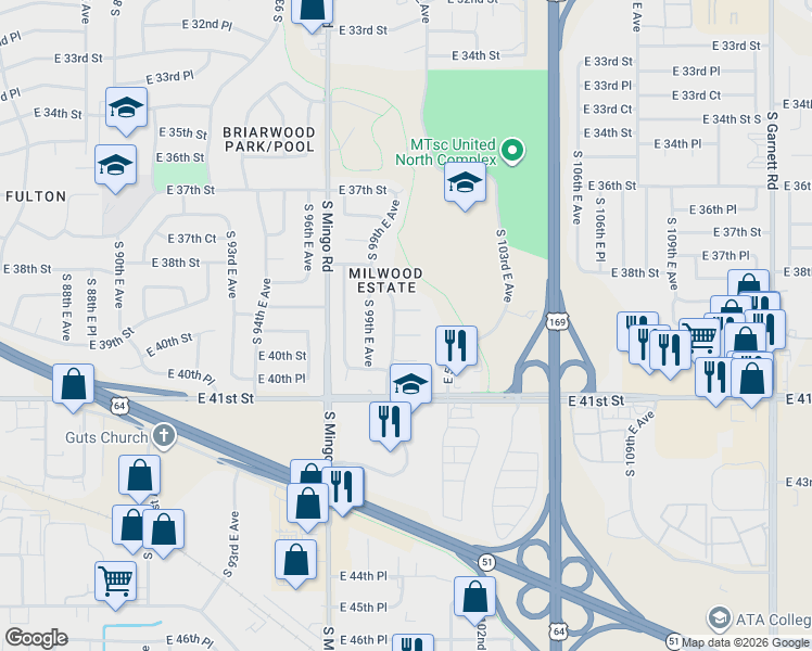 map of restaurants, bars, coffee shops, grocery stores, and more near 10019 East 39th Place in Tulsa
