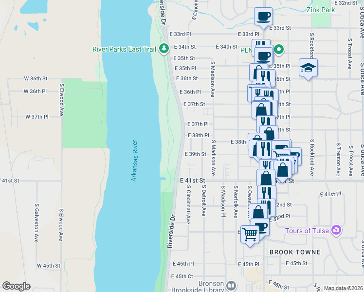 map of restaurants, bars, coffee shops, grocery stores, and more near 3855 Riverside Drive in Tulsa