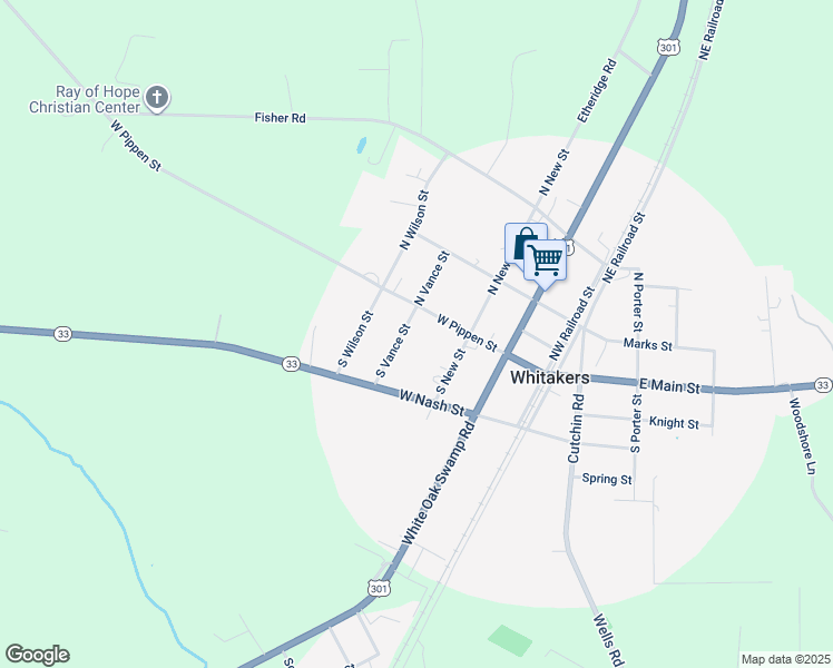 map of restaurants, bars, coffee shops, grocery stores, and more near 101 South Vance Street in Whitakers