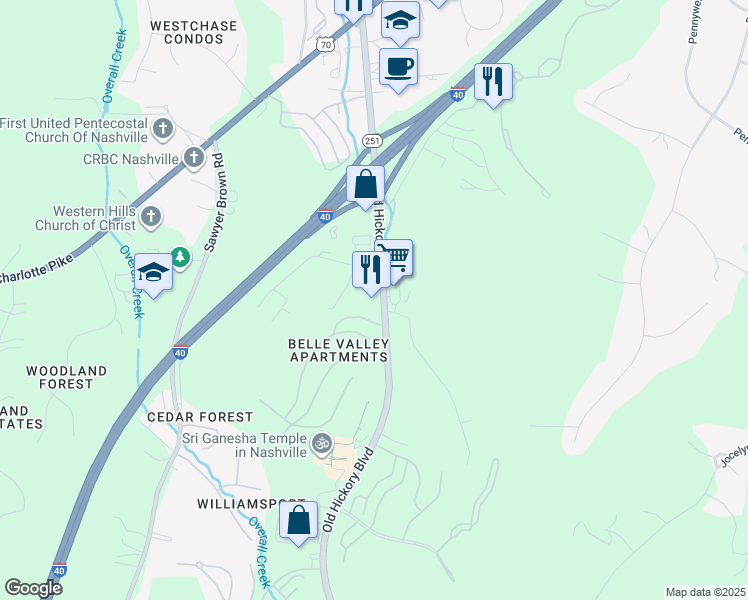 map of restaurants, bars, coffee shops, grocery stores, and more near 600 Old Hickory Boulevard in Nashville