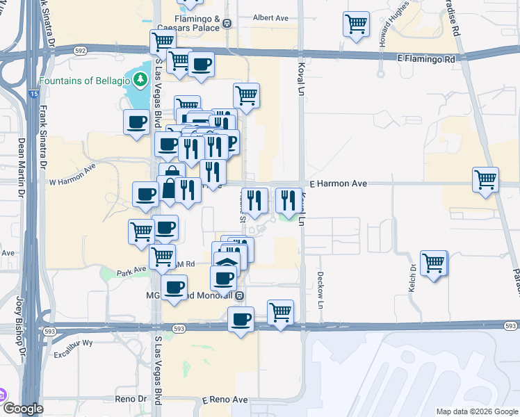 map of restaurants, bars, coffee shops, grocery stores, and more near 212 Audrie Street in Las Vegas