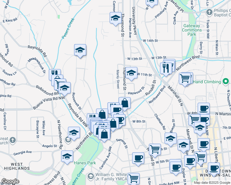 map of restaurants, bars, coffee shops, grocery stores, and more near 950 Manly Street in Winston-Salem