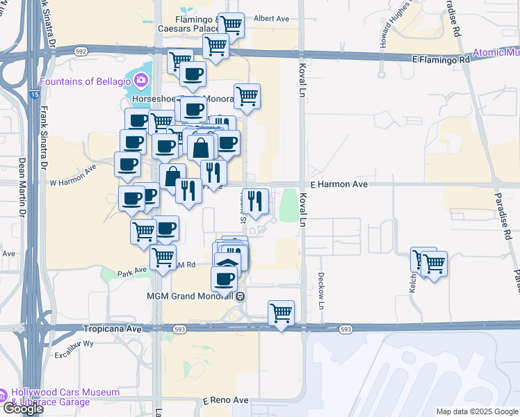 map of restaurants, bars, coffee shops, grocery stores, and more near 135 East Harmon Avenue in Las Vegas