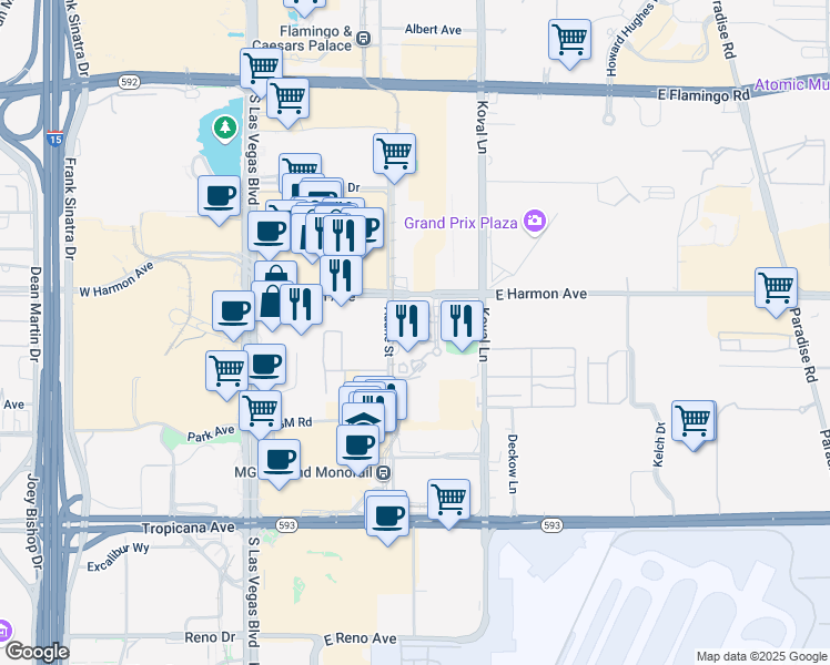 map of restaurants, bars, coffee shops, grocery stores, and more near 135 East Harmon Avenue in Las Vegas