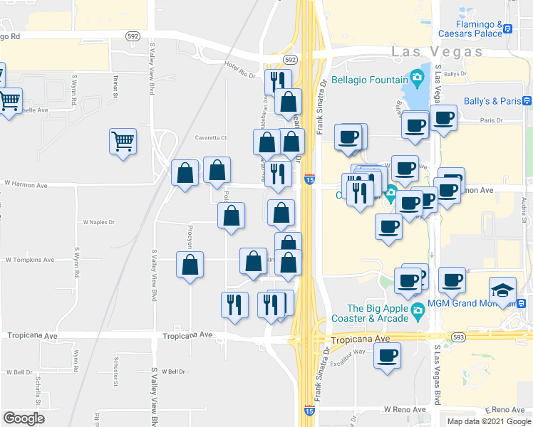 map of restaurants, bars, coffee shops, grocery stores, and more near 4565 Dean Martin Drive in Las Vegas