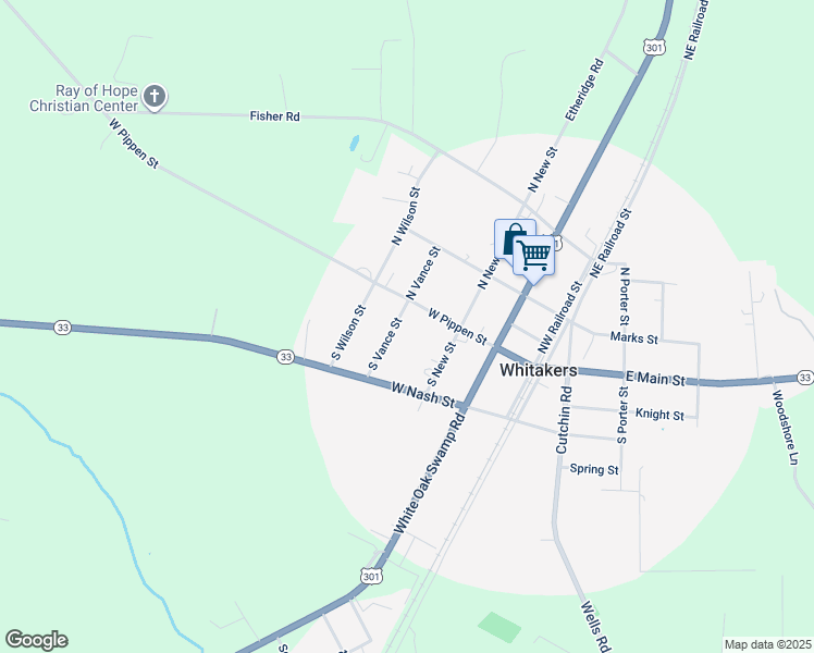 map of restaurants, bars, coffee shops, grocery stores, and more near 101 South Vance Street in Whitakers