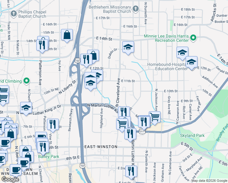 map of restaurants, bars, coffee shops, grocery stores, and more near 930 North Cleveland Avenue in Winston-Salem