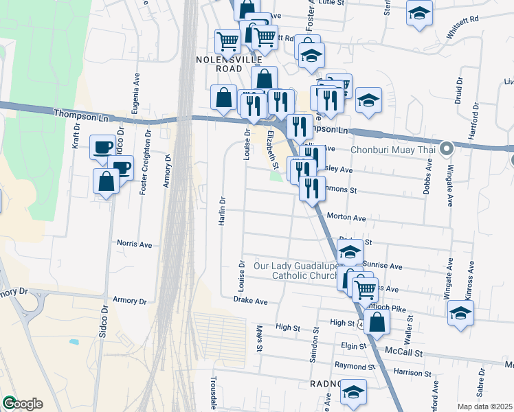 map of restaurants, bars, coffee shops, grocery stores, and more near 521 Morton Avenue in Nashville