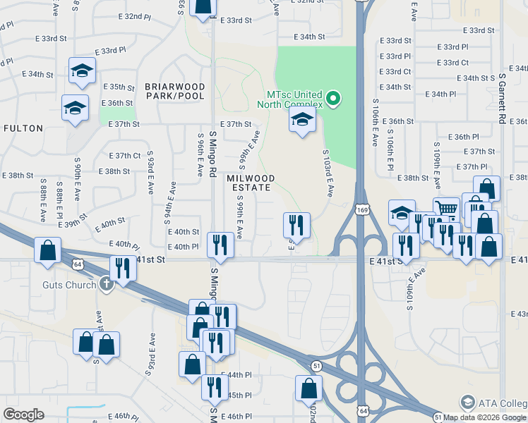 map of restaurants, bars, coffee shops, grocery stores, and more near 10019 East 39th Place in Tulsa