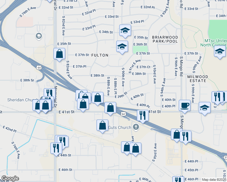 map of restaurants, bars, coffee shops, grocery stores, and more near 3862 South 88th East Place in Tulsa