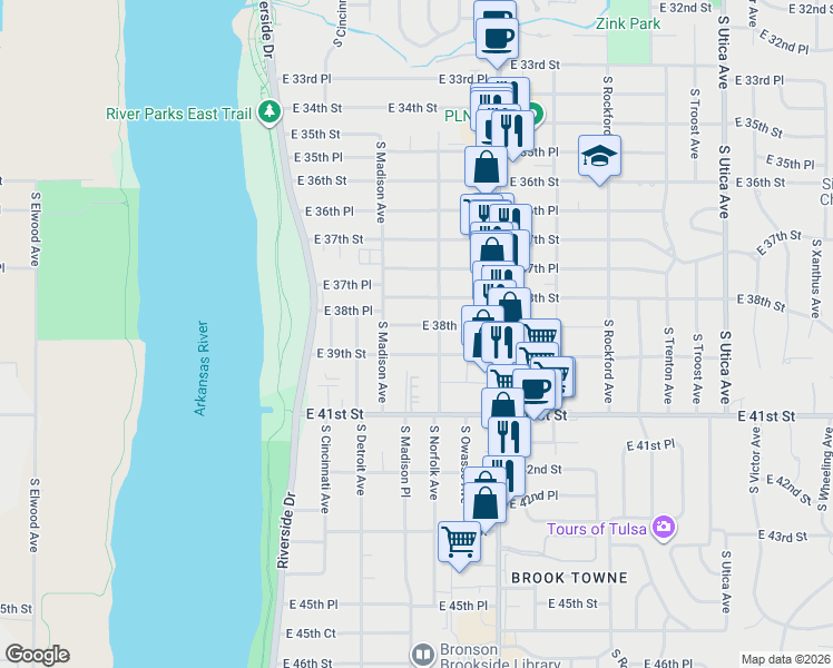 map of restaurants, bars, coffee shops, grocery stores, and more near 1029 East 39th Street in Tulsa