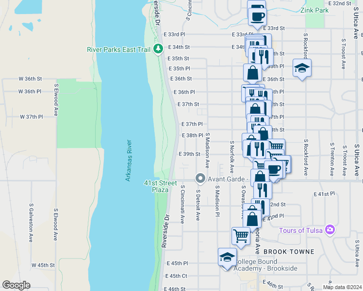 map of restaurants, bars, coffee shops, grocery stores, and more near 3843 South Cincinnati Avenue in Tulsa