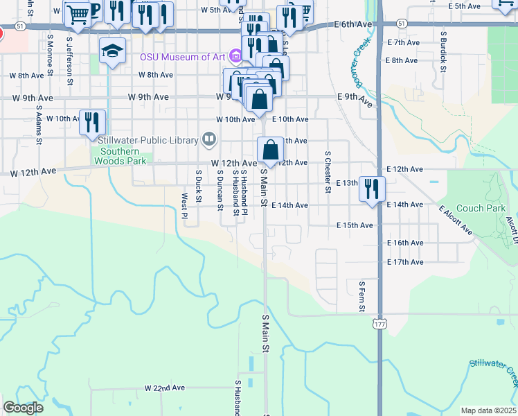 map of restaurants, bars, coffee shops, grocery stores, and more near 1406 South Main Street in Stillwater