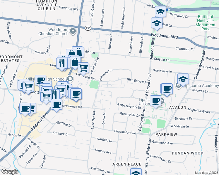 map of restaurants, bars, coffee shops, grocery stores, and more near 412 Glen West Drive in Nashville